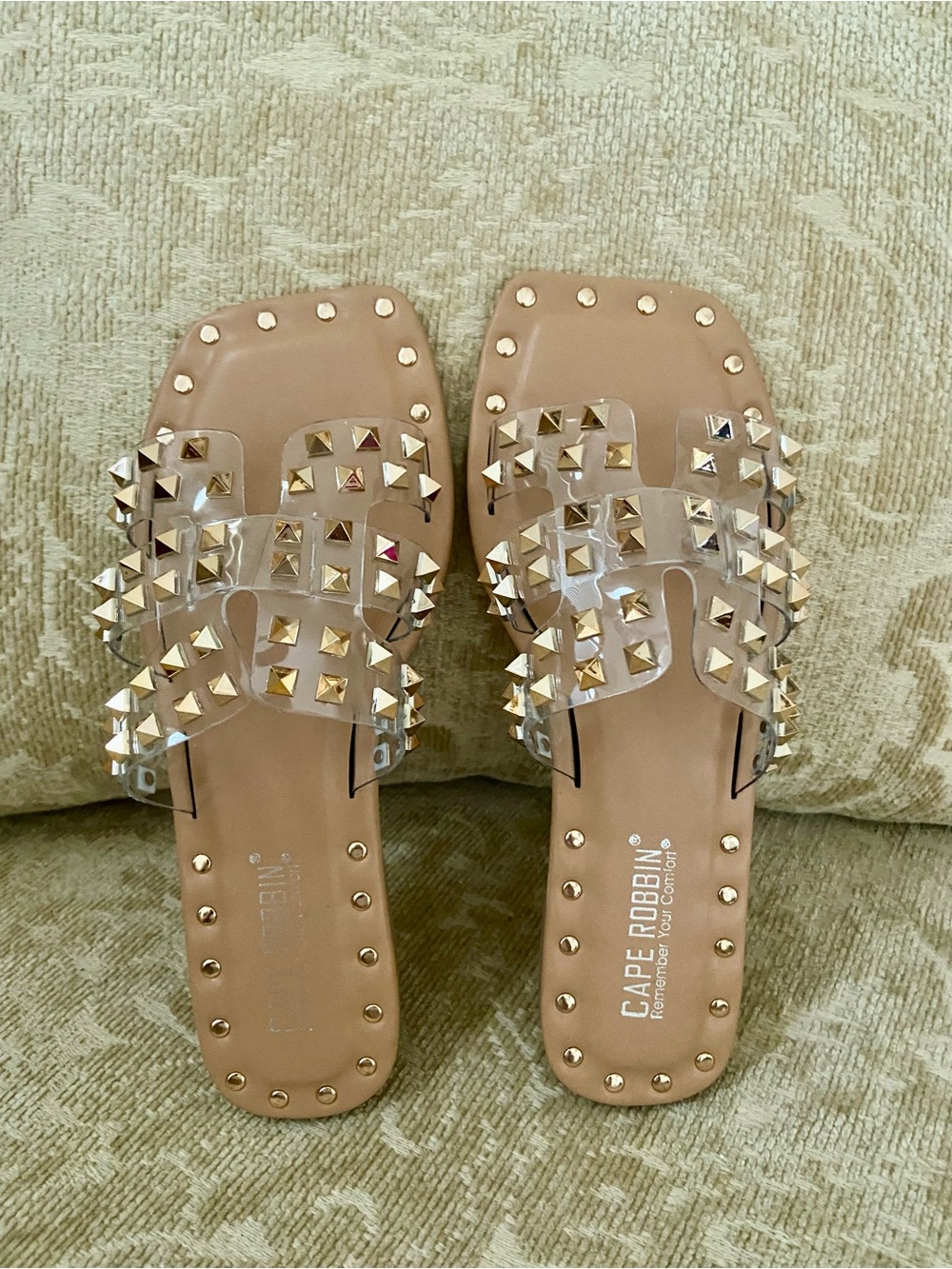 Cape Robbin Nude Clear-Strap Stud Slide Sandals